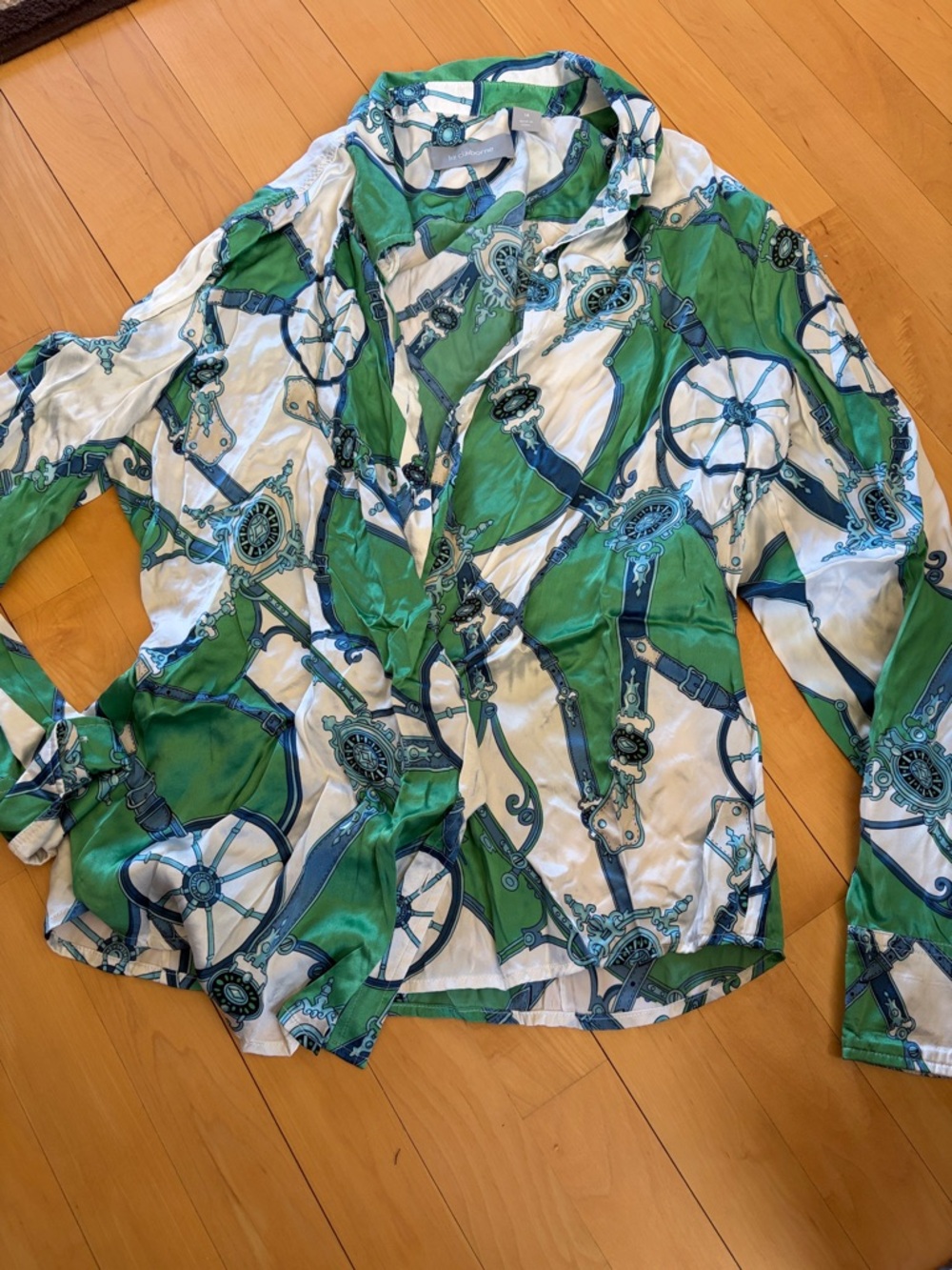 Liz Claiborne Green, Blue and White Equestrian-Print Blouse